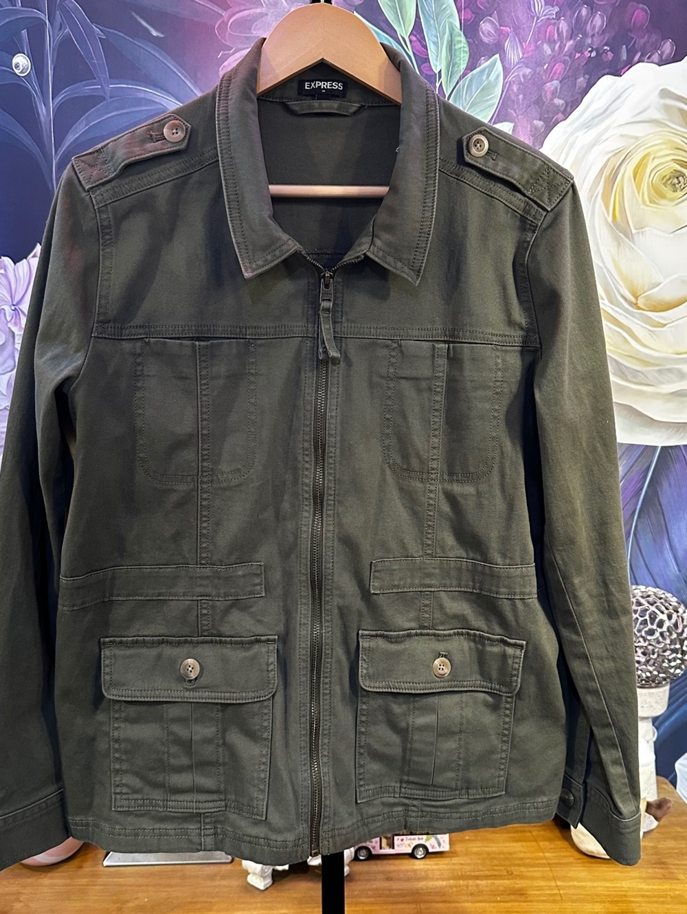 Express L Cotton Zip Utility Jacket Military Moto Streetwear Workwear Epaulet